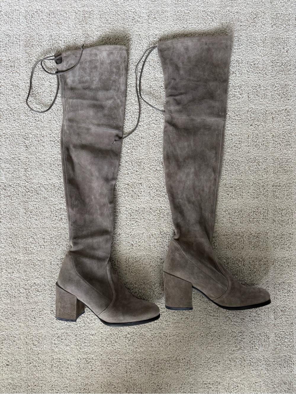 Stuart Weitzman Taupe Suede Over-the-Knee Block Heel Boots